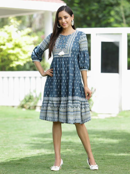Blue Rayon Festive Printed Tiered Dress