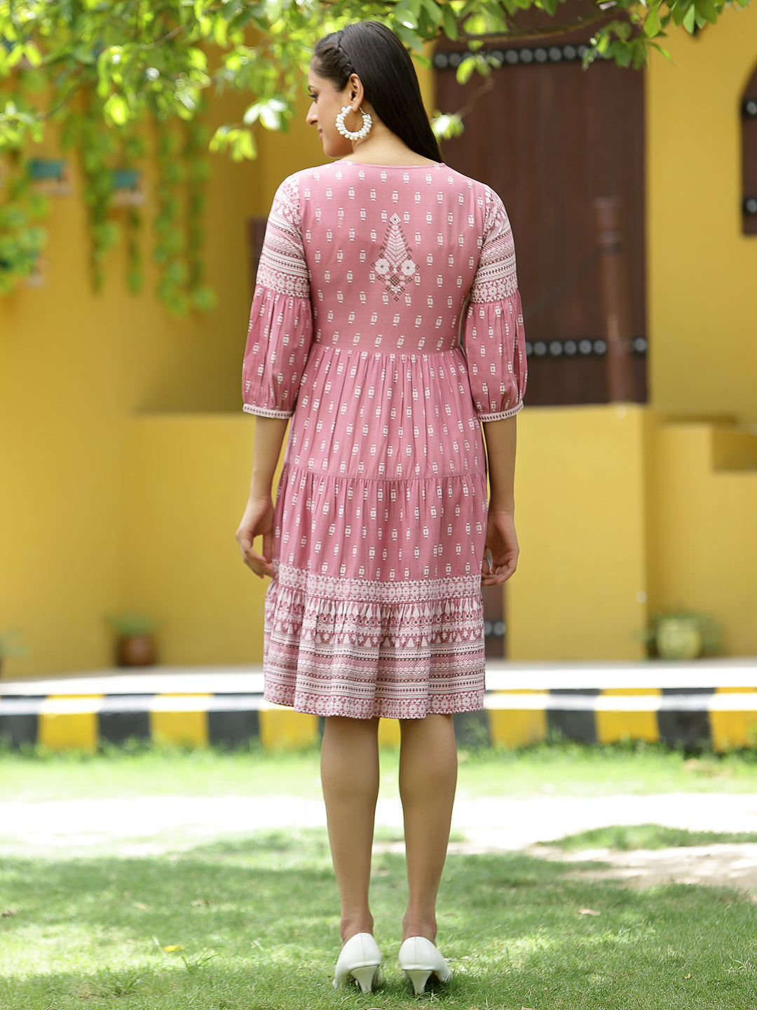Onion Pink Rayon Festive Printed Tiered Dress