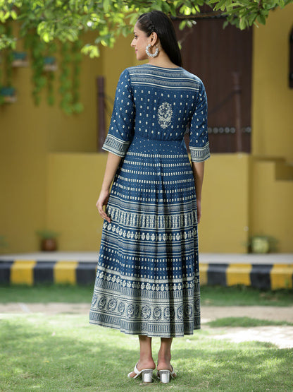 Blue Rayon Festive Printed Flared Dress