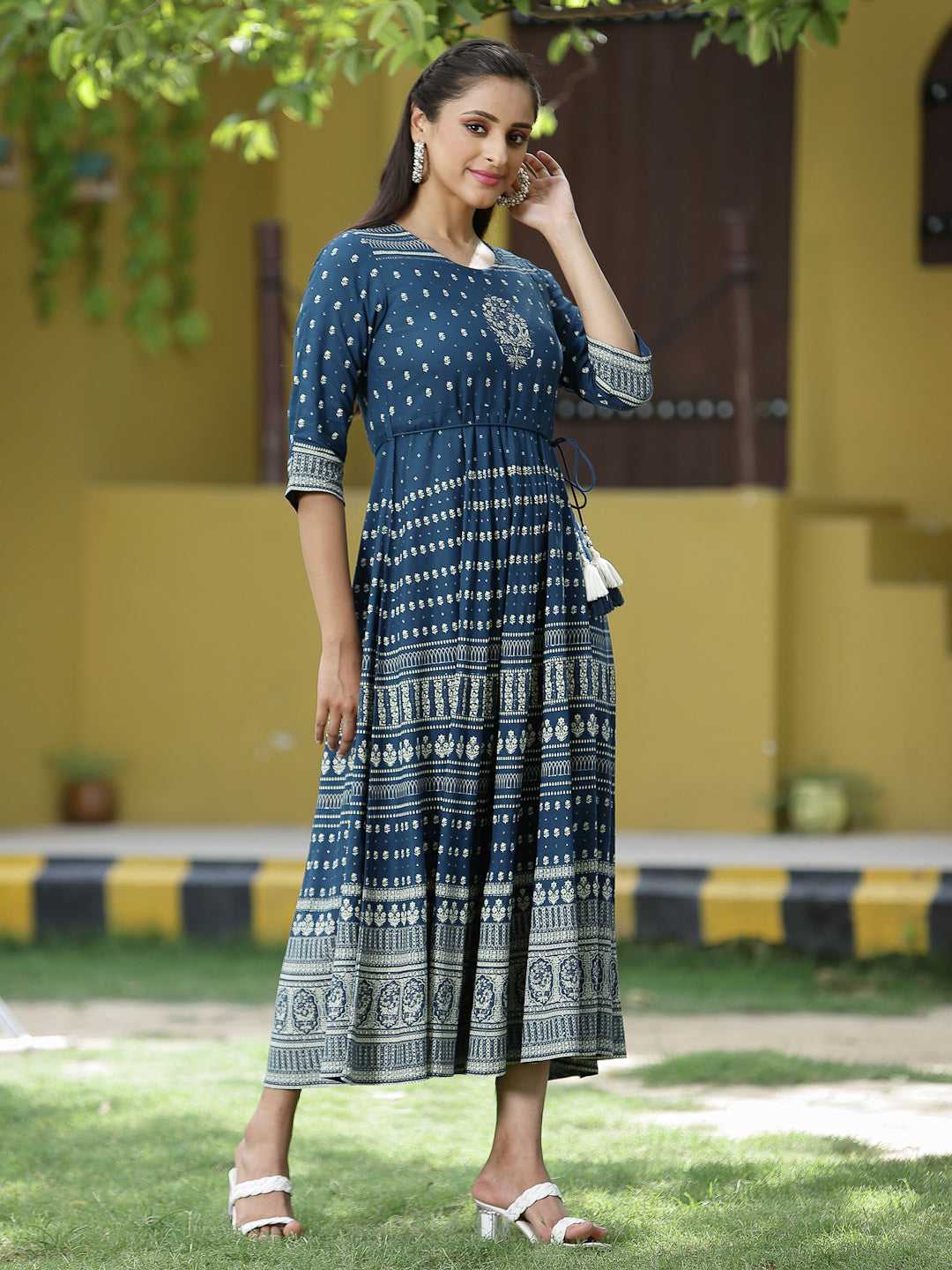 Blue Rayon Festive Printed Flared Dress