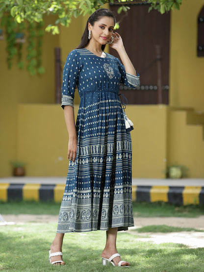 Blue Rayon Festive Printed Flared Dress