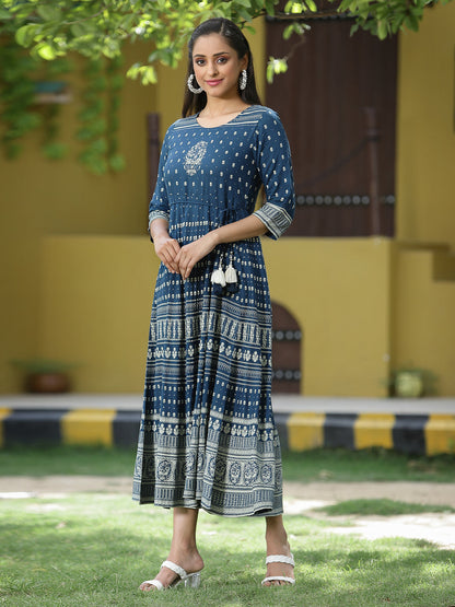 Blue Rayon Festive Printed Flared Dress