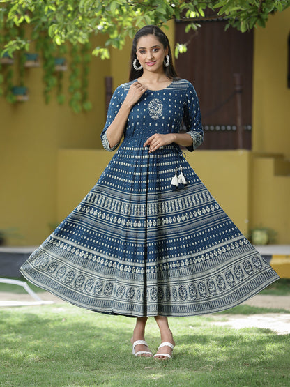 Blue Rayon Festive Printed Flared Dress
