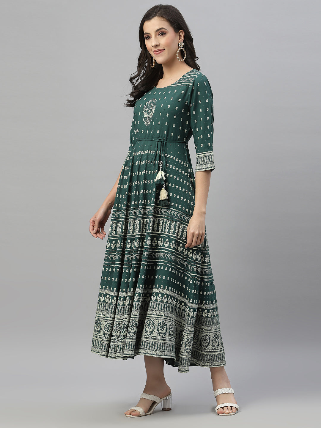 Green Rayon Festive Printed Flared Dress
