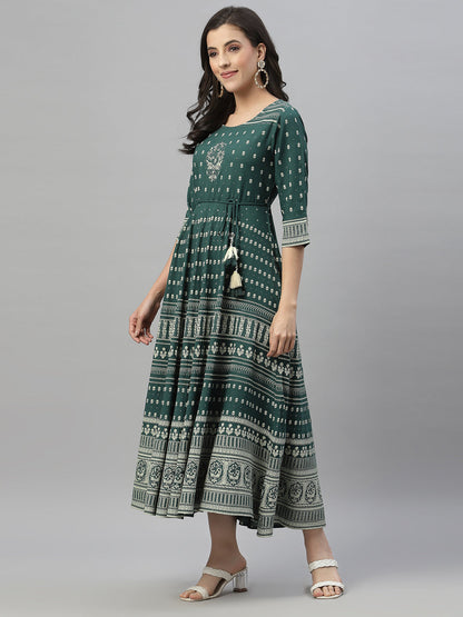Green Rayon Festive Printed Flared Dress