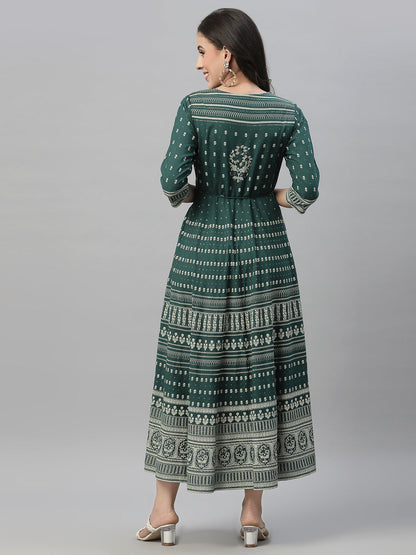 Green Rayon Festive Printed Flared Dress
