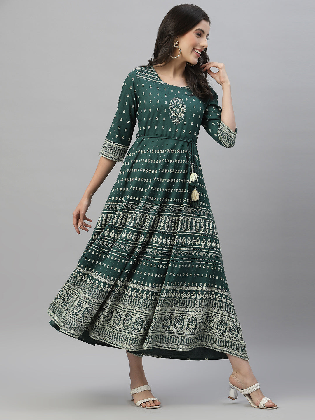 Green Rayon Festive Printed Flared Dress