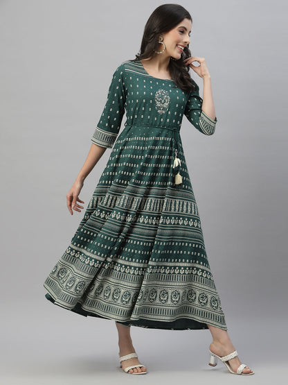 Green Rayon Festive Printed Flared Dress