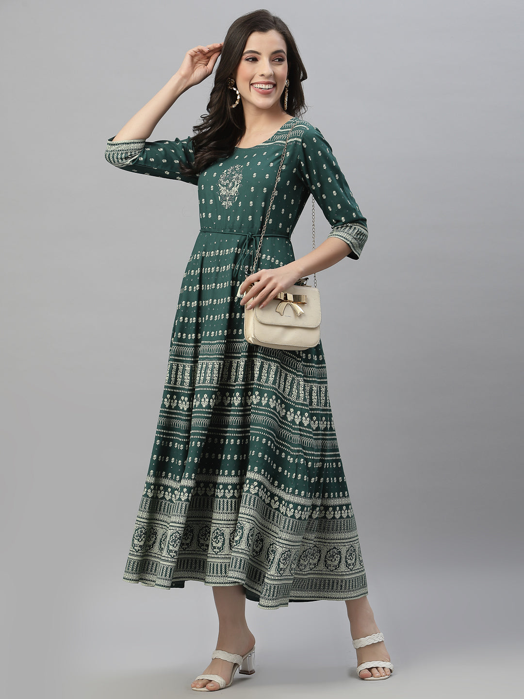 Green Rayon Festive Printed Flared Dress