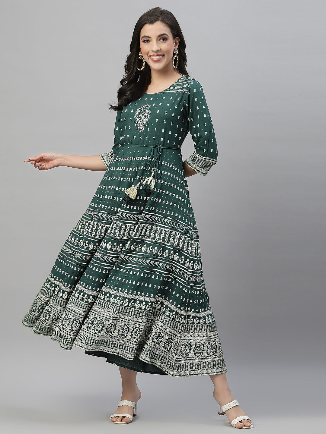 Green Rayon Festive Printed Flared Dress