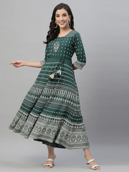 Green Rayon Festive Printed Flared Dress