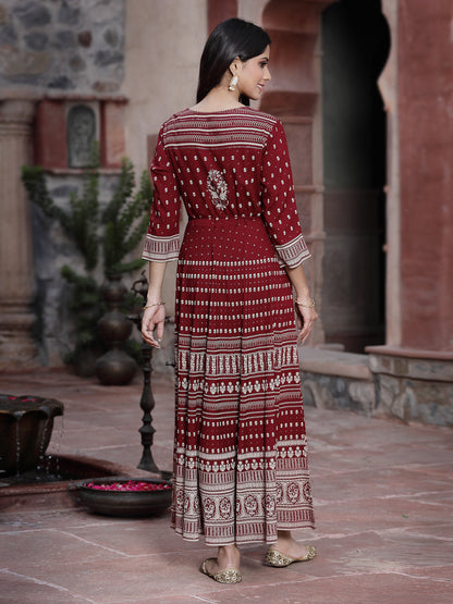 Maroon Rayon Printed Flared Dress