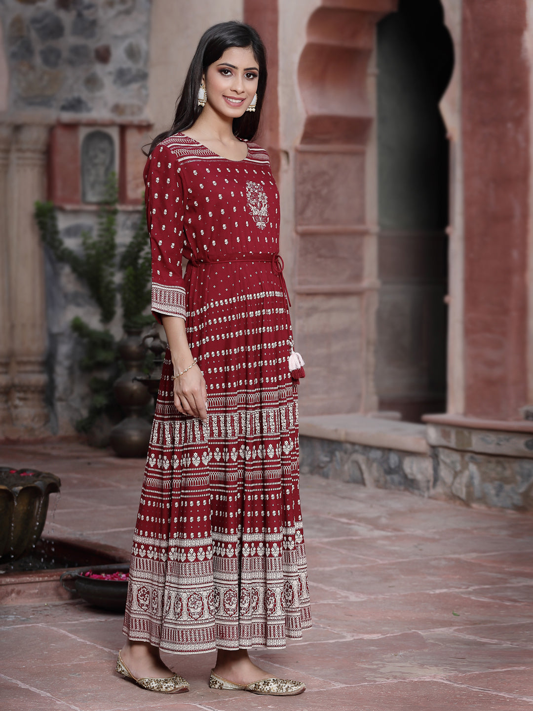 Maroon Rayon Printed Flared Dress