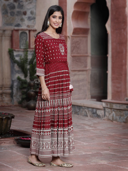 Maroon Rayon Printed Flared Dress
