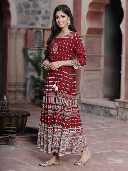 Maroon Rayon Printed Flared Dress