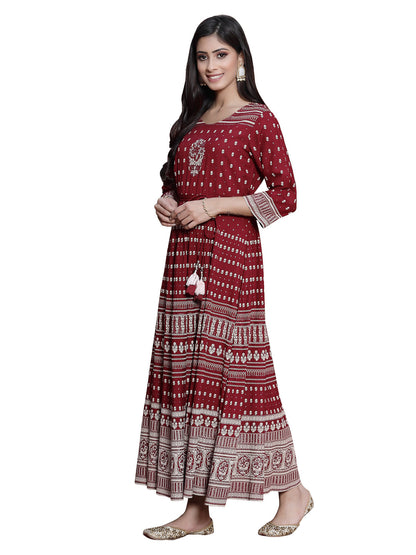 Maroon Rayon Printed Flared Dress
