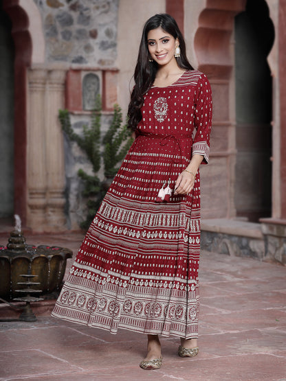 Maroon Rayon Printed Flared Dress