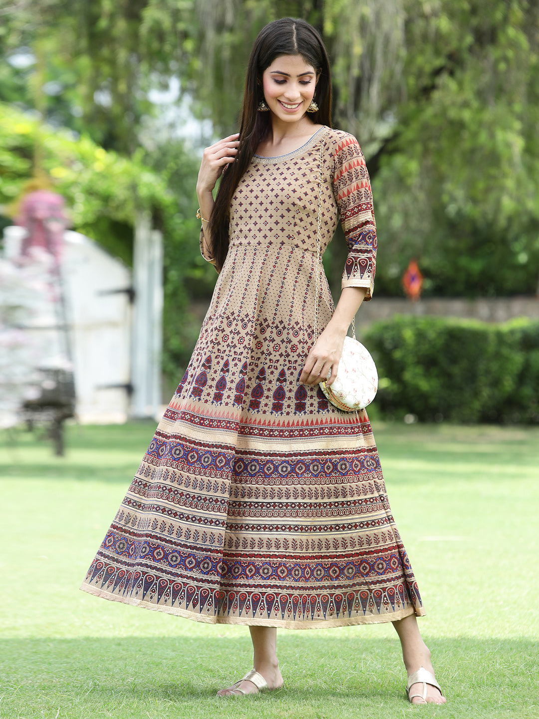 Brown Multi Georgette Festive Printed Flared Anarkali Kurta