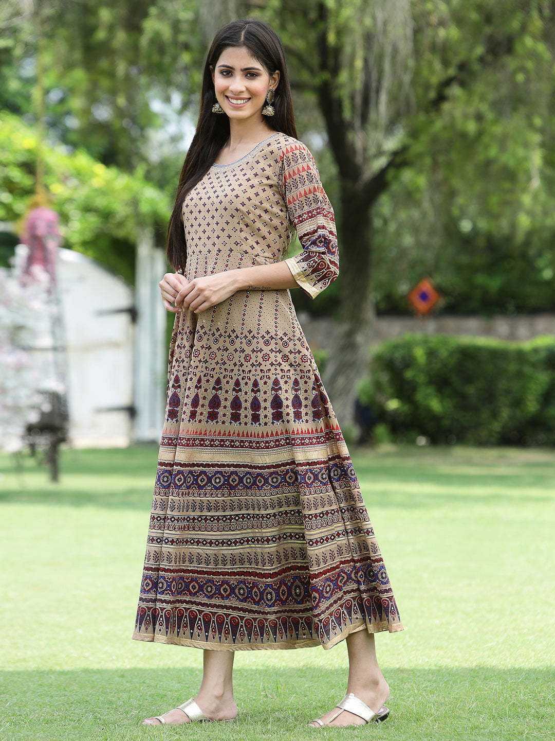 Brown Multi Georgette Festive Printed Flared Anarkali Kurta
