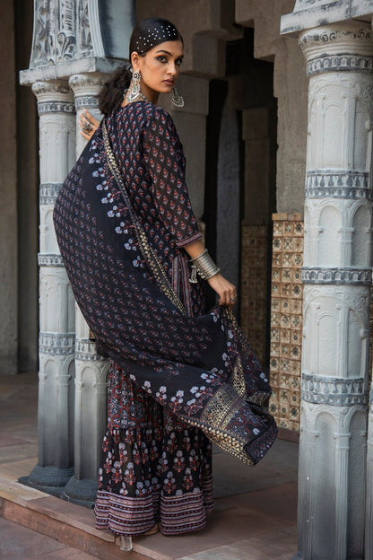 Black Georgette Festive Floral Print Straight Tunic-Sharara With Dupatta