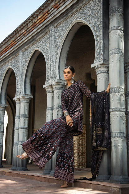 Black Georgette Festive Floral Print Straight Tunic-Sharara With Dupatta