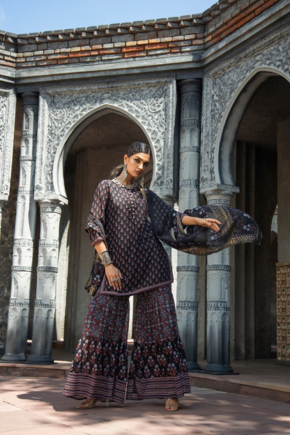 Black Georgette Festive Floral Print Straight Tunic-Sharara With Dupatta