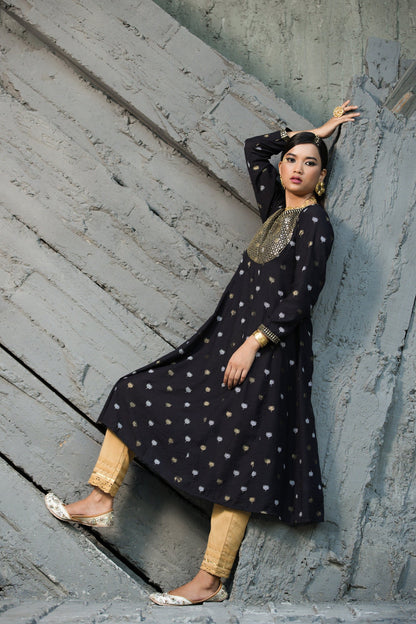 Black Rayon Festive Foil Printed Anarkali Flared Anarkali Kurta