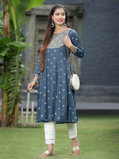 Indigo Rayon Festive Foil Printed Anarkali Flared Anarkali Kurta