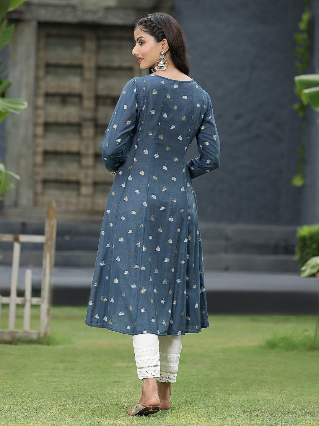 Indigo Rayon Festive Foil Printed Anarkali Flared Anarkali Kurta