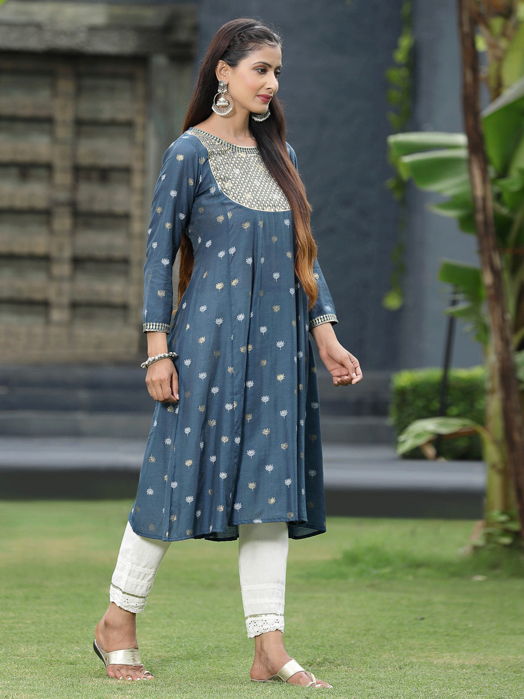 Indigo Rayon Festive Foil Printed Anarkali Flared Anarkali Kurta