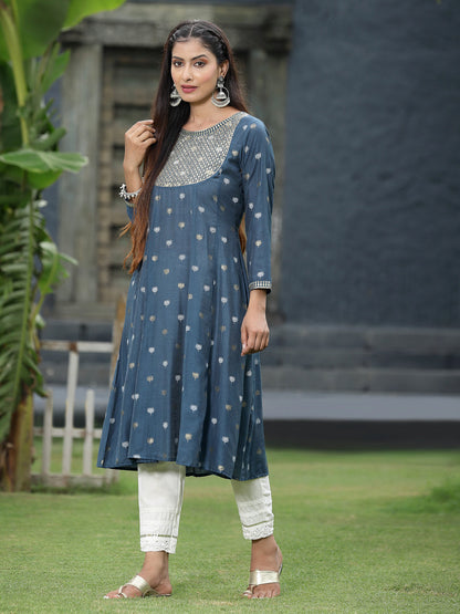 Indigo Rayon Festive Foil Printed Anarkali Flared Anarkali Kurta