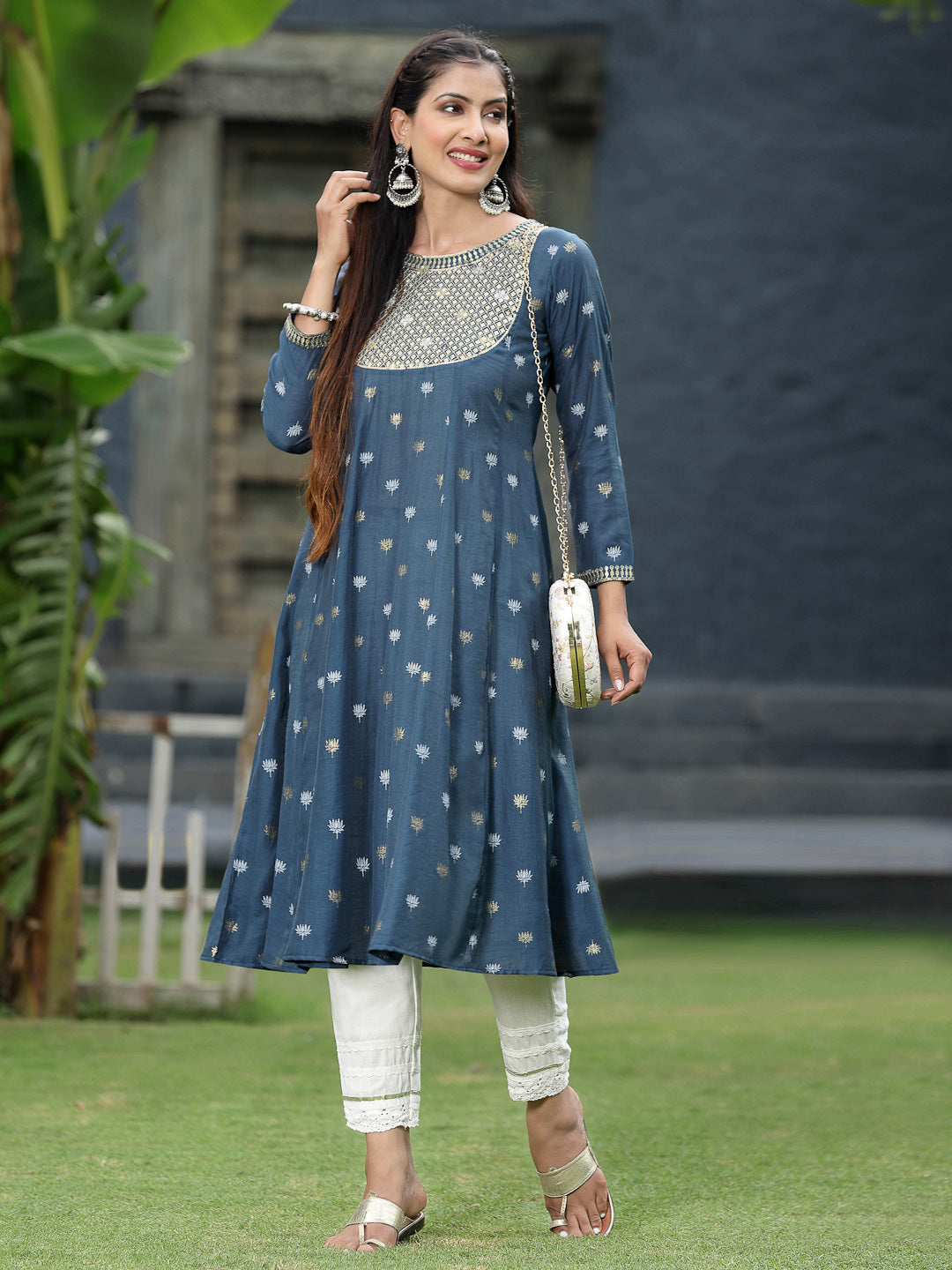Indigo Rayon Festive Foil Printed Anarkali Flared Anarkali Kurta