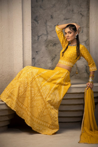 Mustard Santoon Slub Festive Printed Crop Lehenga Choli Dupatta Set