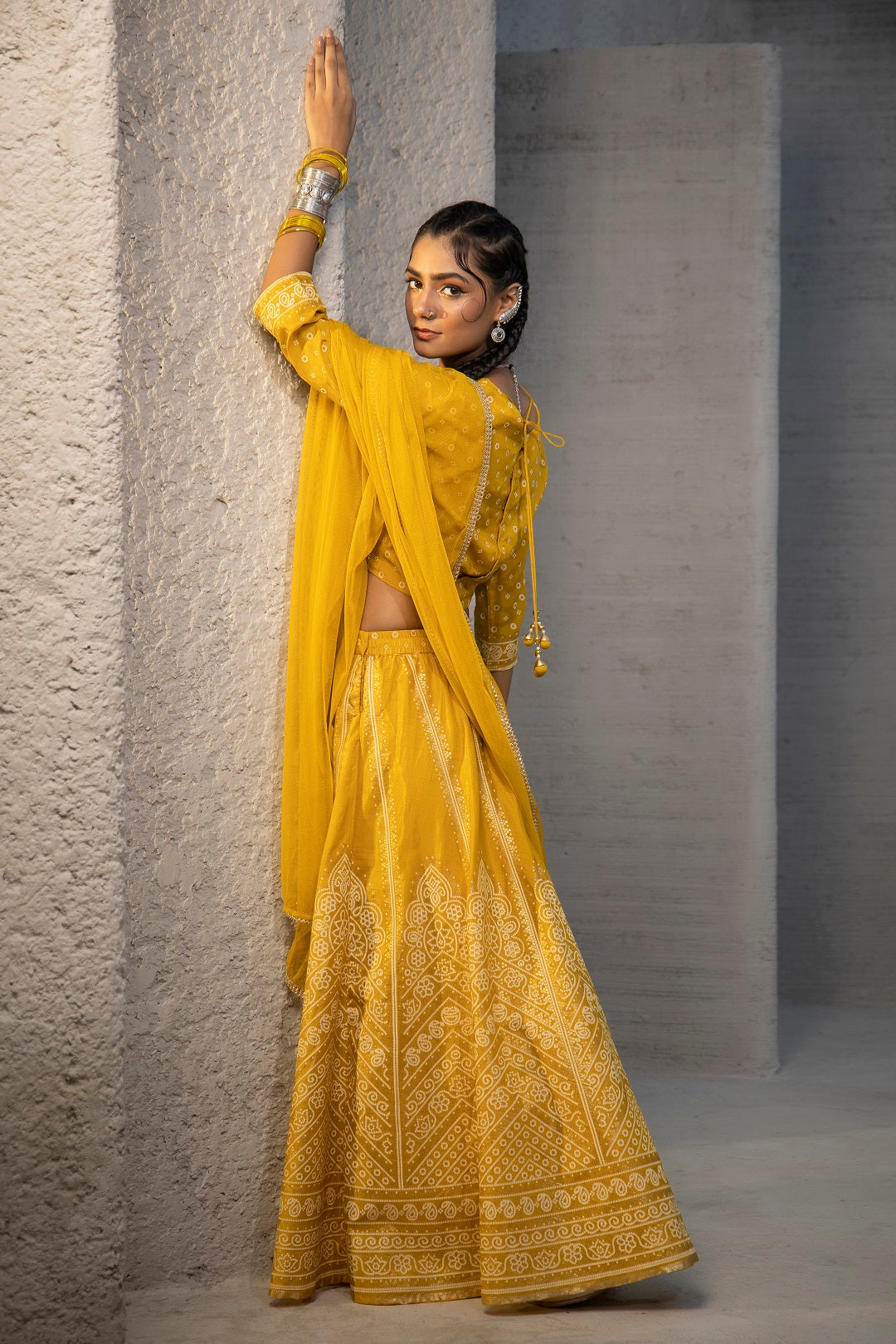 Mustard Santoon Slub Festive Printed Crop Lehenga Choli Dupatta Set