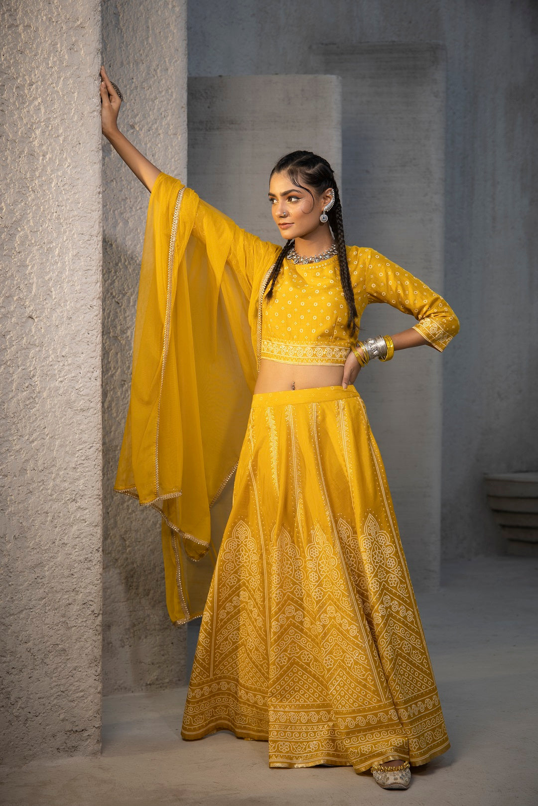 Mustard Santoon Slub Festive Printed Crop Lehenga Choli Dupatta Set