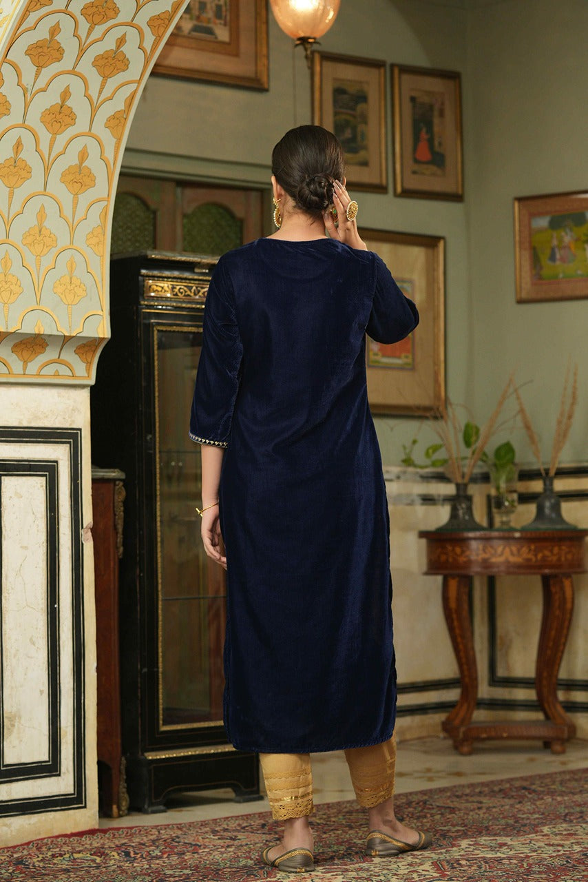 Navy Velvet Festive Solid Embroidered Straight Kurta