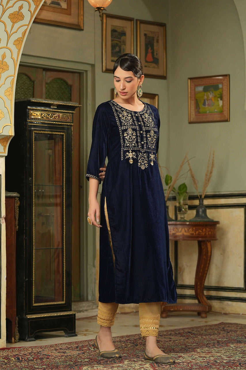 Navy Velvet Festive Solid Embroidered Straight Kurta