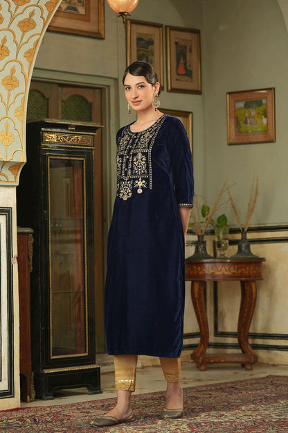 Navy Velvet Festive Solid Embroidered Straight Kurta