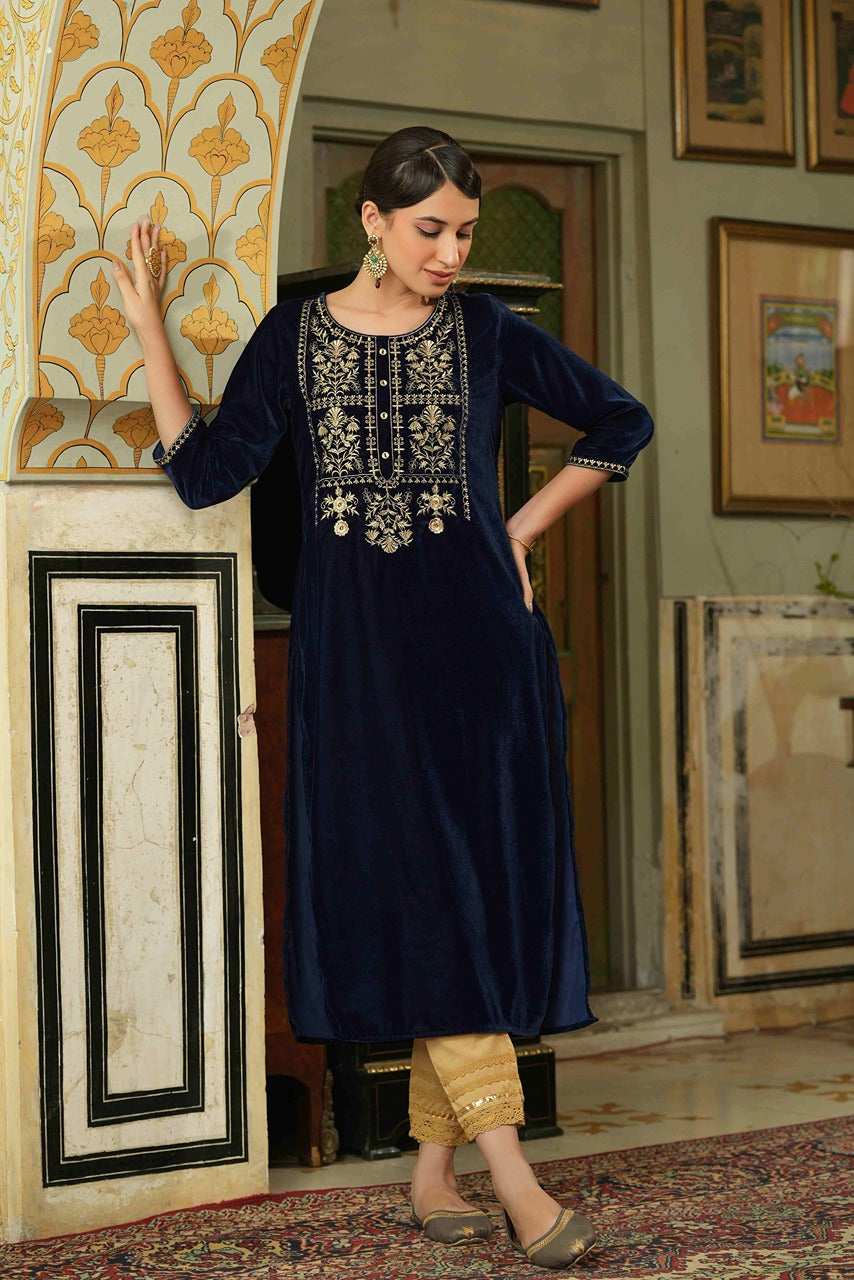 Navy Velvet Festive Solid Embroidered Straight Kurta