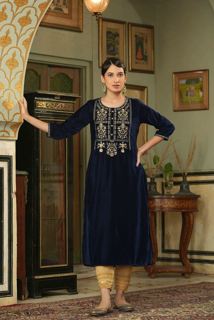 Navy Velvet Festive Solid Embroidered Straight Kurta