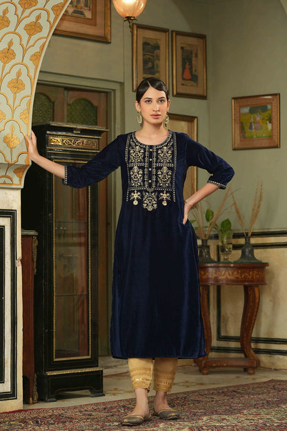Navy Velvet Festive Solid Embroidered Straight Kurta