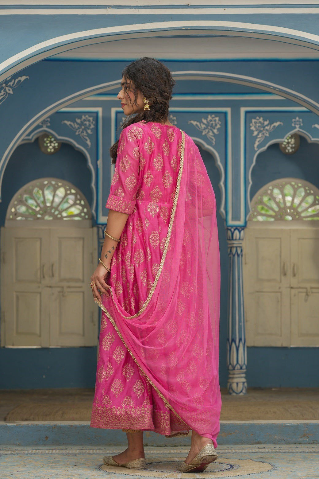Pink Chanderi Festive Solid Embroidered Flared Maxi Kurta With Dupatta