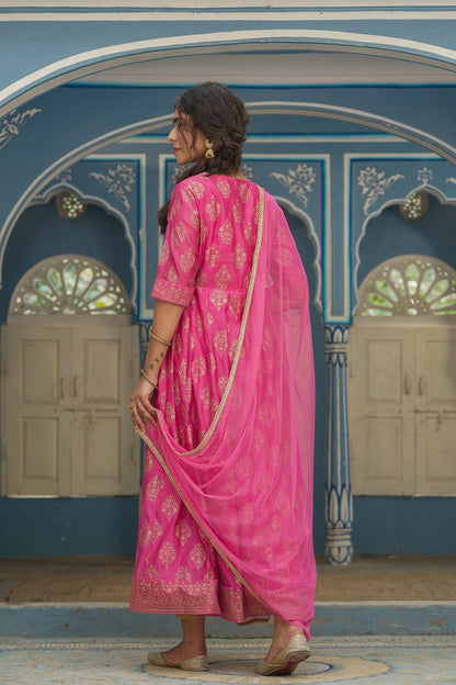 Pink Chanderi Festive Solid Embroidered Flared Maxi Kurta With Dupatta