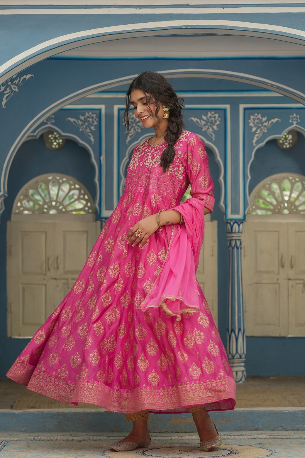 Pink Chanderi Festive Solid Embroidered Flared Maxi Kurta With Dupatta