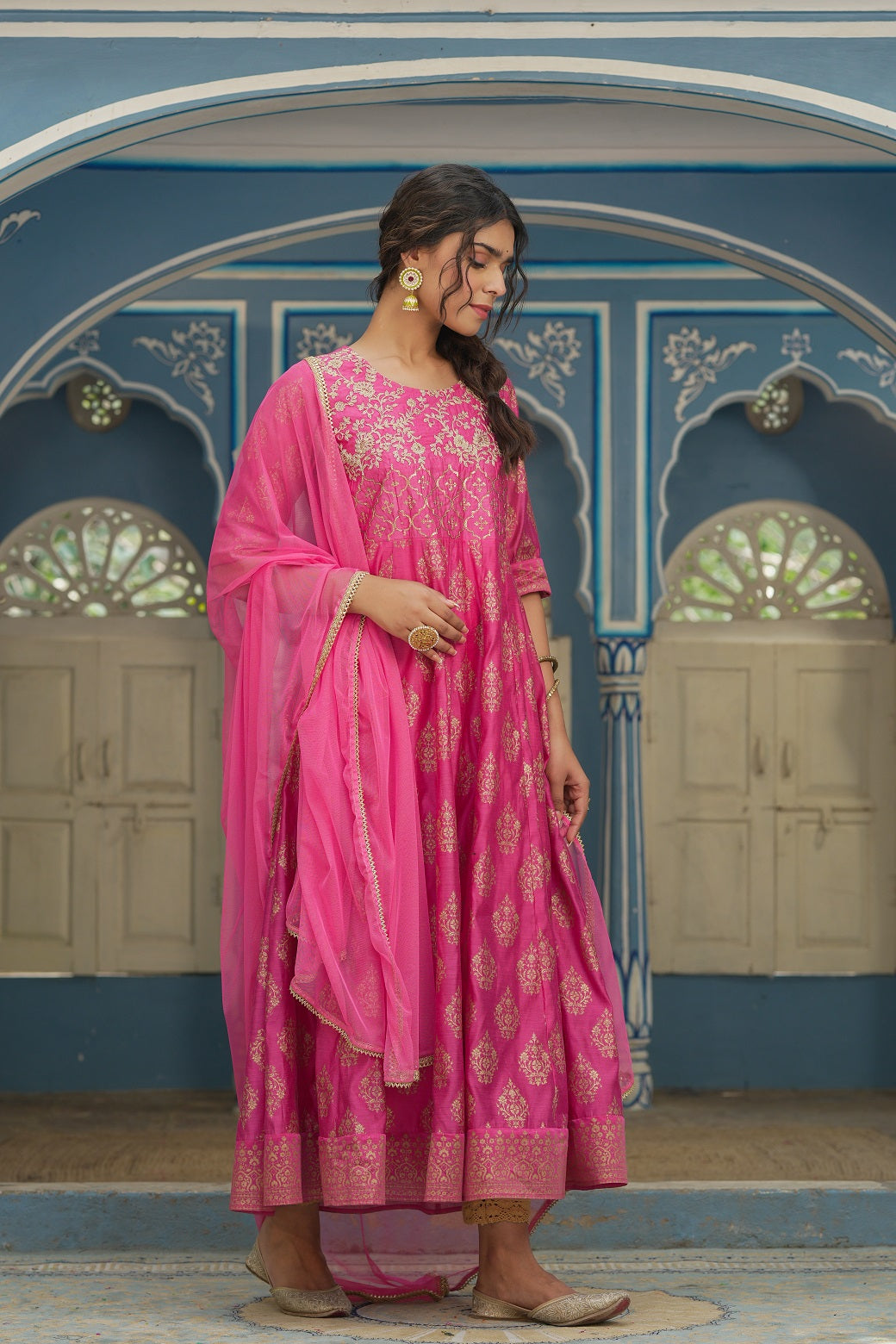 Pink Chanderi Festive Solid Embroidered Flared Maxi Kurta With Dupatta