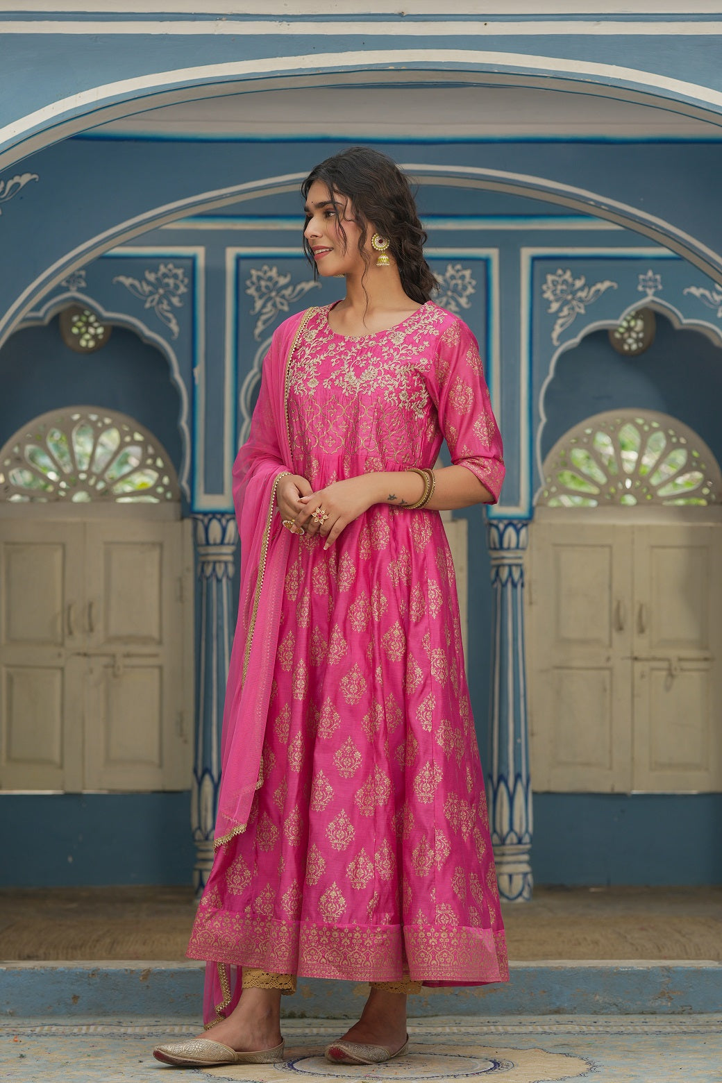 Pink Chanderi Festive Solid Embroidered Flared Maxi Kurta With Dupatta