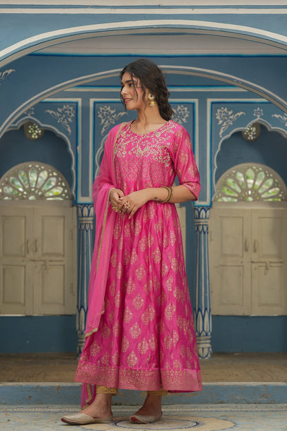 Pink Chanderi Festive Solid Embroidered Flared Maxi Kurta With Dupatta