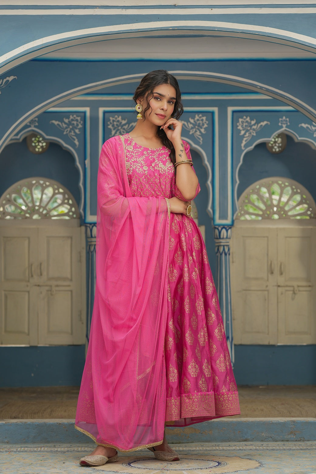 Pink Chanderi Festive Solid Embroidered Flared Maxi Kurta With Dupatta