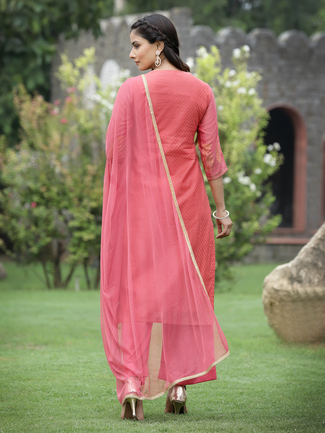 Pink Chanderi Festive Embroidered Placement Printed Straight Kurta Set
