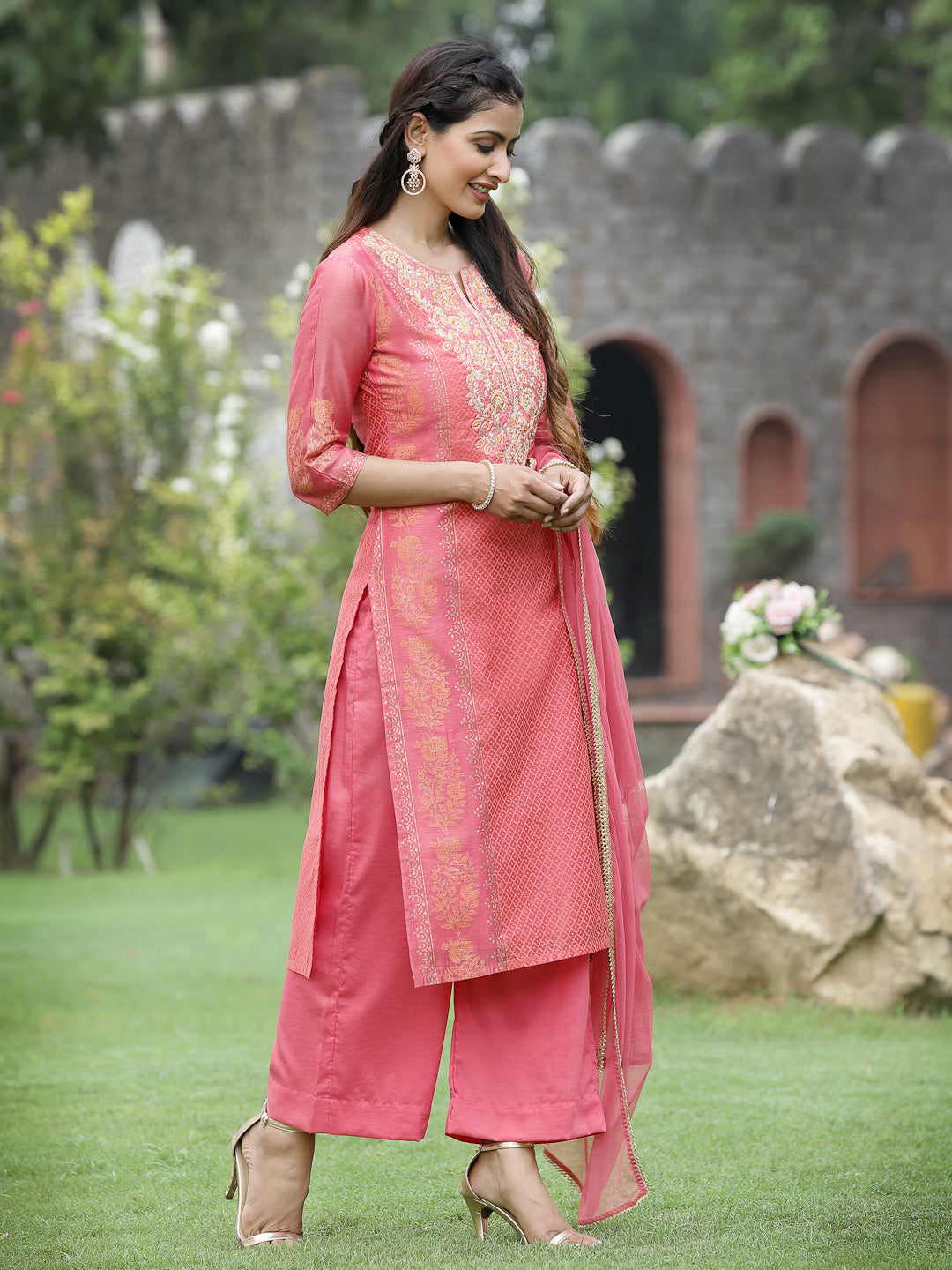 Pink Chanderi Festive Embroidered Placement Printed Straight Kurta Set